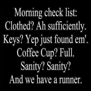 Morning check list. Clothed? adequately. Keys? Just found them. Coffee ...