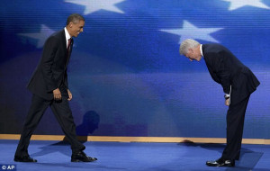 Former President Bill Clinton bows as President Barack Obama walks on ...