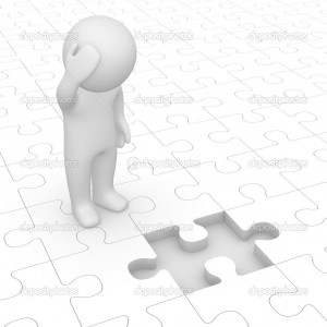 3d man looking at missing piece of puzzle - Stock Image