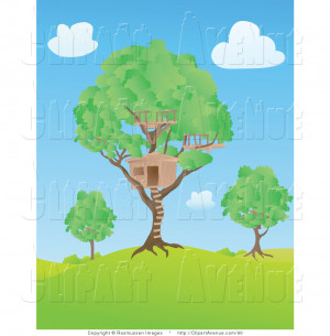 ... Tree House in a Lush Green Tree on a Hill Under a Blue Sky with