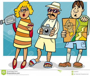 Cartoon Illustration of Funny Tourist Group on Vacation.