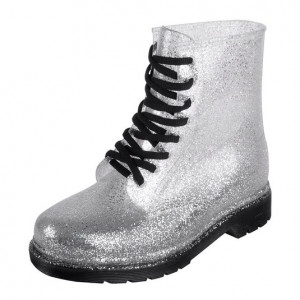 Women's Silver Sequin Round Toe Lace Up Jelly Rain Boots
