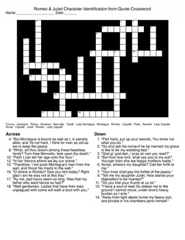 Romeo & Juliet Quotes and Characters Crossword and KEY