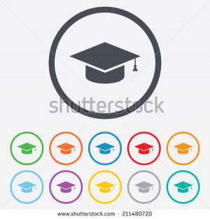 Graduation cap sign icon. Higher education symbol. Round circle ...