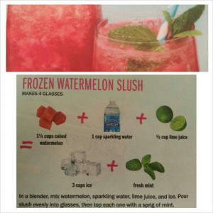 Frozen watermelon slush. Good for beach days.. soda can make you puffy ...