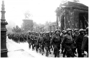 The not-so-handsome Soviet troops march on the streets of Berlin.