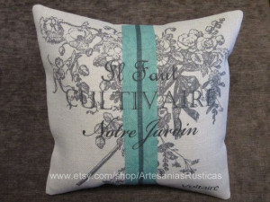 French Ornament and Voltaire Quote Aqua French Stripe Burlap Pillow ...