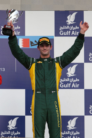 Alexander Rossi celebrates his third place in the feature race