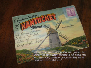 Photo of a vintage postcard depicting the Nantucket Old Mill