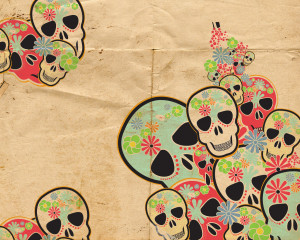 Download Funny Skulls wallpaper, 'skulls on paper'.