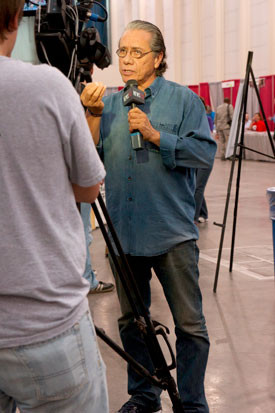 Edward James Olmos speaks to a news crew at Comicpalooza in Houston in ...