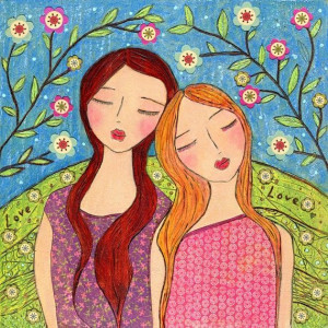 Sisters Friendship Art Block Whimsical Folk Art Painting Best Friends ...
