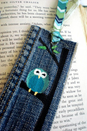 Blue, Pink, or Green Owl Hand-Painted Up-Cycled Denim Bookmarks, $12 ...