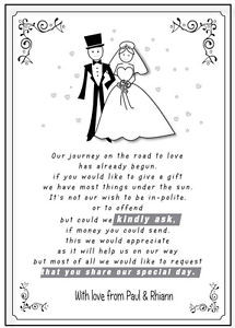 ... Poem Cards For Your Invitations - Ask For Money Cash -BRIDE & GROOM