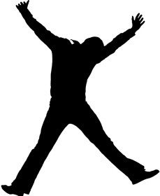 the silhouette of a man jumping for joy