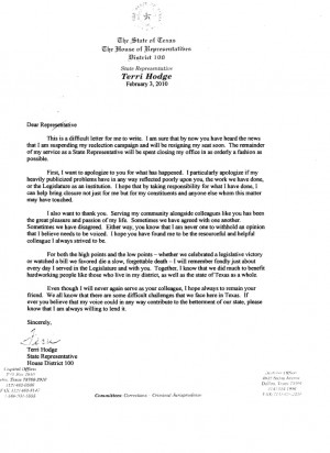 Farewell letter from state Rep. Terri Hodge to House members