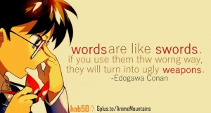... this image include: conan edogawa, glasses, quote, swords and words