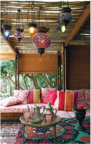 Moroccan style outdoor patio setting with lanterns