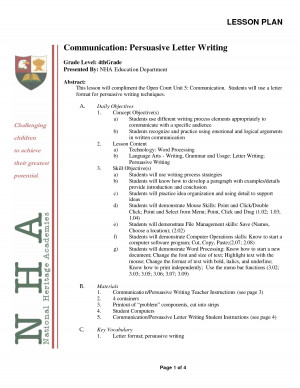 Lesson Plan Communication Persuasive Letter Writing Grade Level ...