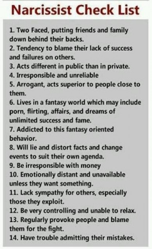 Narcissist checklist. My ex did EVERY SINGLE one of these things ...