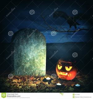 Vector Halloween Illustration Scary Night Cemetery With Full Moon
