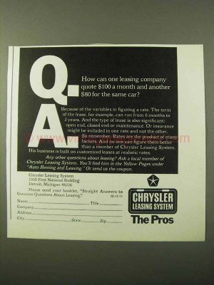 1971 Chrysler Leasing System Ad - Quote For Same Car
