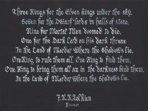 rings j r r tolkien done in white ink on black background with a flat ...