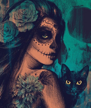 amazing, art, beautiful, black cat, blue roses, death, girl, halloween ...