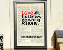 Shakespeare - Love all trust a few - quote on framed vintage book page ...