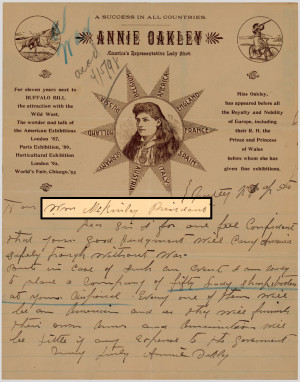 Annie Oakley’s letter to President McKinley, 1898. Photo Credit ...