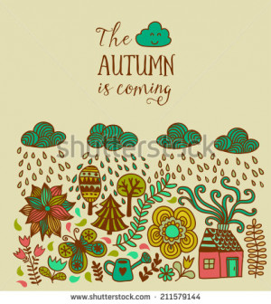 Vector autumn doodles card. Hand draw trees and leafs over the city ...