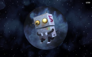 Sad robot floating in space wallpaper 1920x1200