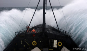 Crew bracing as ship plunges into the trough of massive waves in rough ...