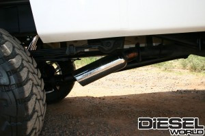The exhaust exits under the truck, street-truck style.