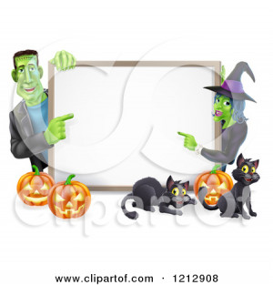 1212908-Cartoon-Of-A-Happy-Witch-And-Frankenstein-Pointing-To-A-White ...