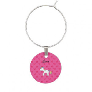 Personalized name baby unicorn pink butterflies wine charm