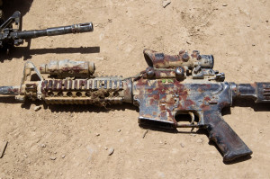 blood-covered M4 rifle belonging to a U.S. Army soldier wounded by ...
