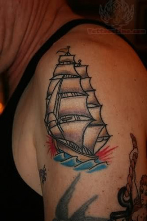 Left Half Sleeve Pirate Ship Tattoo For Men