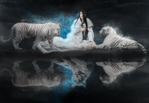 White Tigers Fantasy Creatures Wallpaper Image