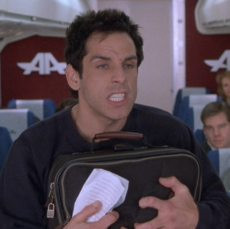 stuffed back pack into the overhead bin the scene that