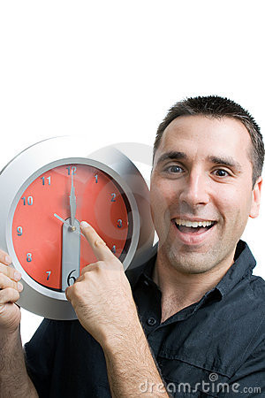 Young Man Holding Clock His...