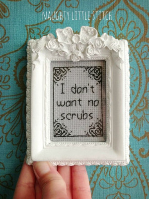 Don't Want No Scrubs - Finished and framed TLC quote stitch