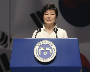 South Korean President Park Geun-hye speaks during a ceremony marking ...