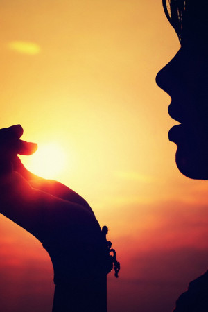 Girl, Sunset, Hand, Lips, Sun