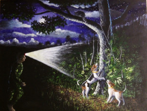 Coon hunting painting.