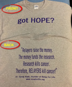 of shirt says got HOPE? Back of shirt is quote from Relay For Life ...