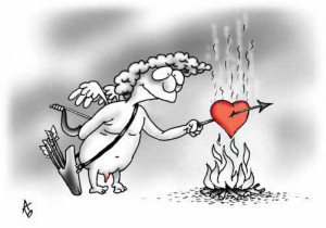 Funny cartoon of a cupid amour frying a heart