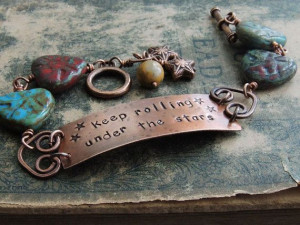 Boho Copper Bracelet, Stamped Jack Kerouac Quote, Stars, Turquoise Red ...