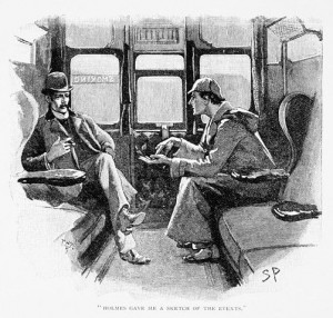 ... Illustration Depicting Sherlock Holmes and Dr. Watson in a Train Cabin