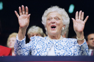 First Lady Barbara Bush reacts to Sen. Phil Gramm, who delivered the ...